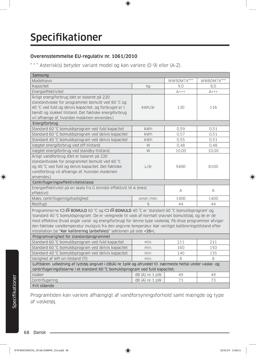 Samsung WW90M760NOA/EE manual Specifikationer 