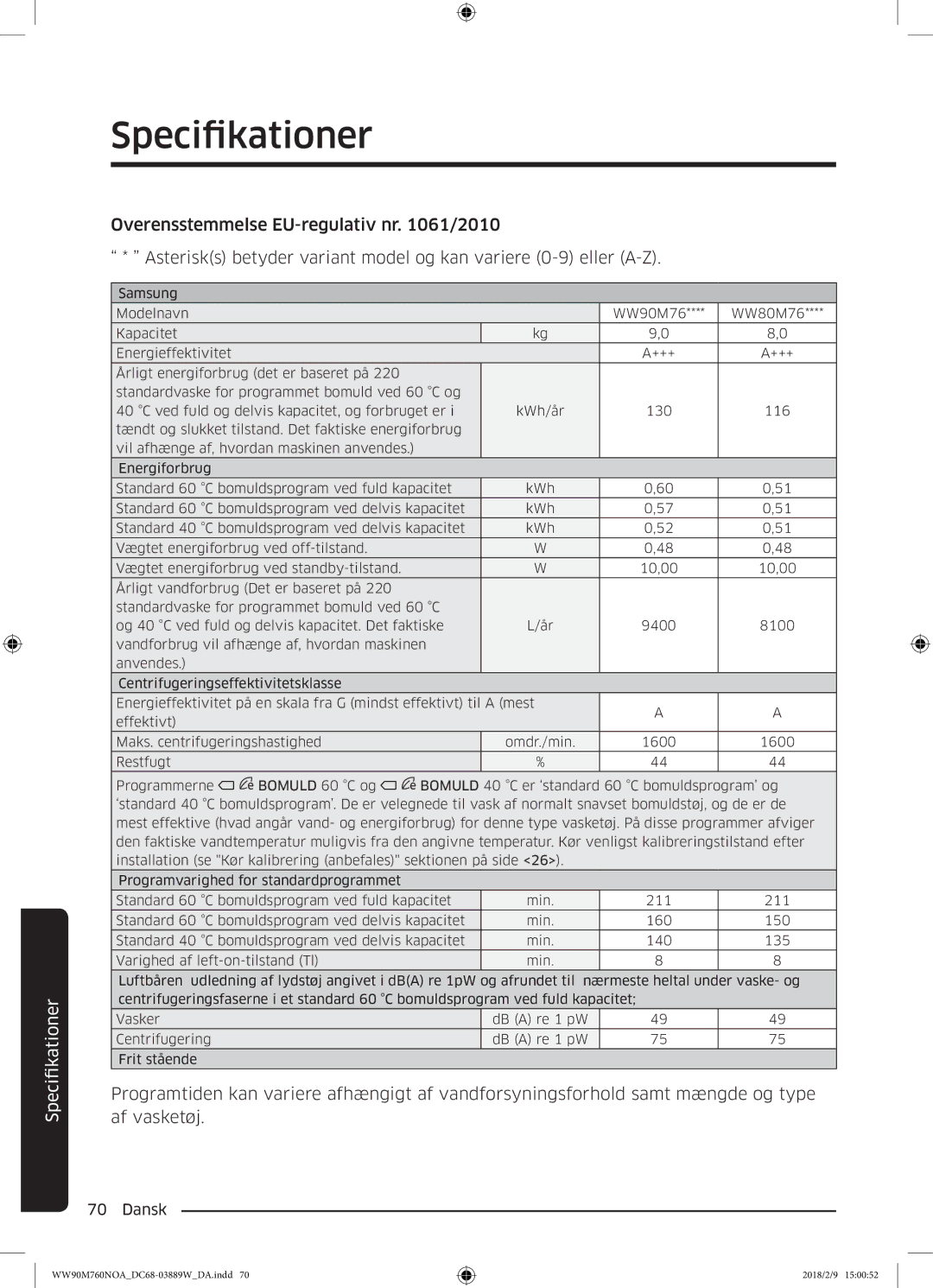 Samsung WW90M760NOA/EE manual Specifikationer 