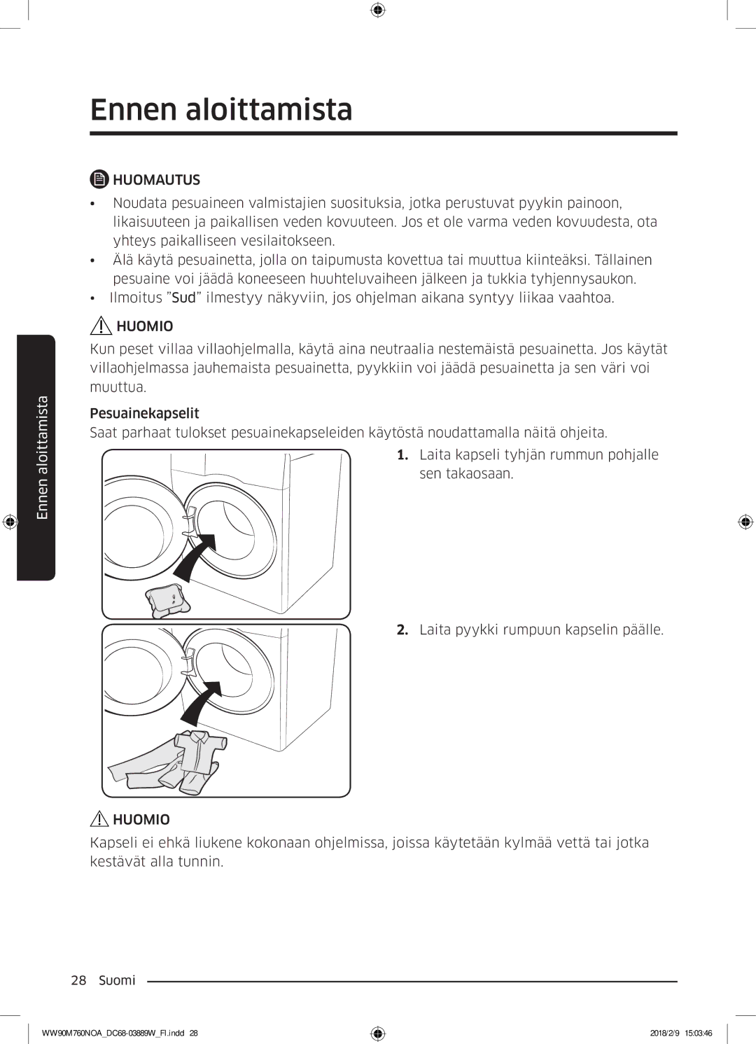 Samsung WW90M760NOA/EE manual Ennen aloittamista 