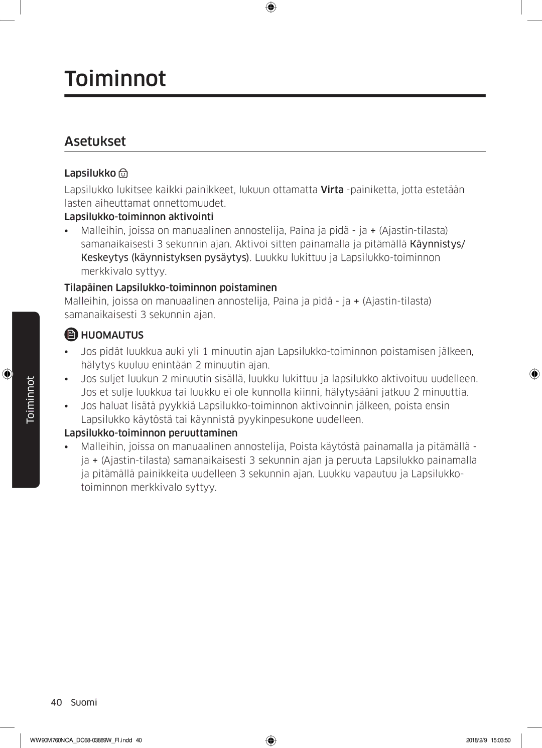 Samsung WW90M760NOA/EE manual Asetukset 