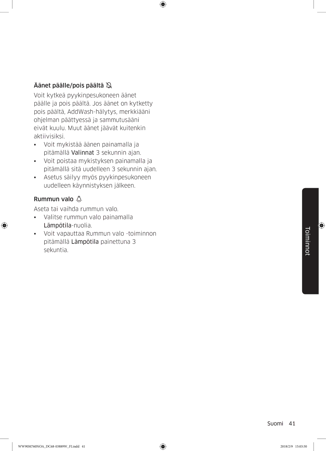 Samsung WW90M760NOA/EE manual Toiminnot 