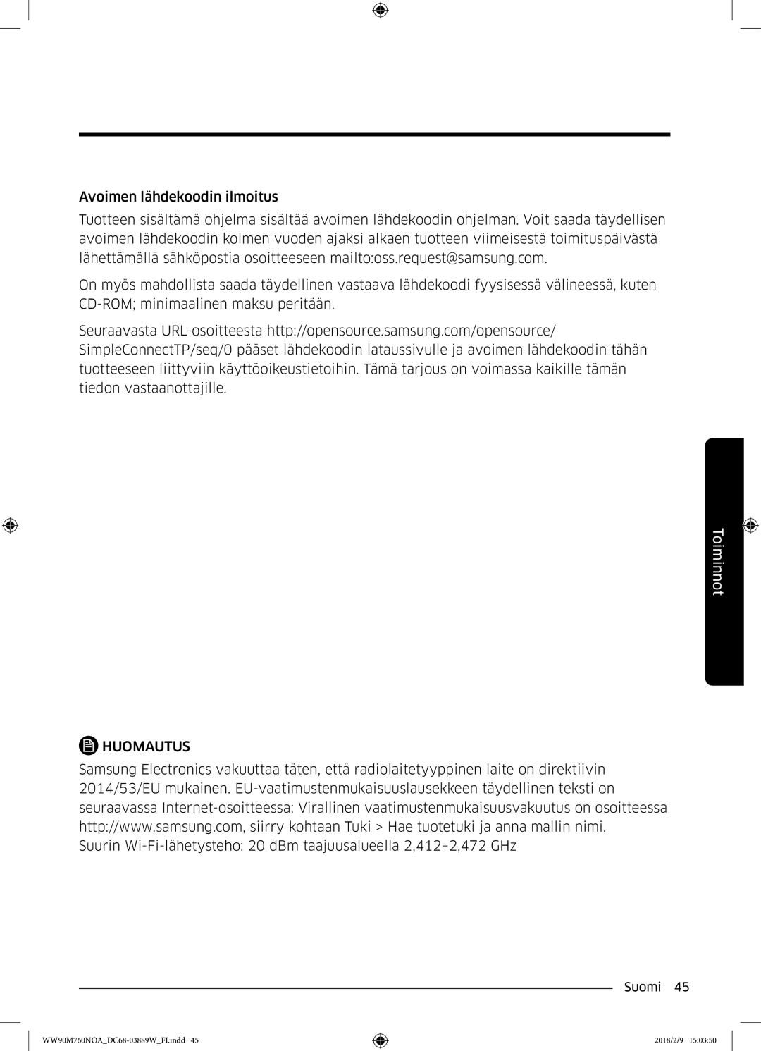 Samsung WW90M760NOA/EE manual Huomautus 