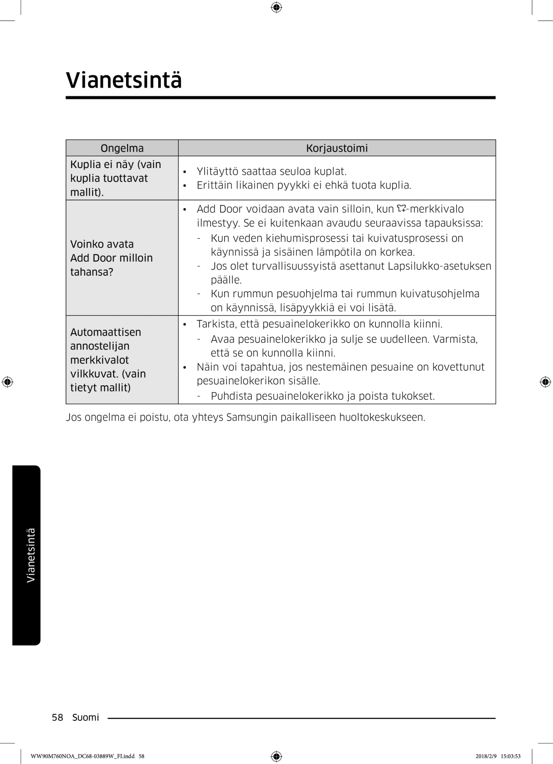 Samsung WW90M760NOA/EE manual Vianetsintä 