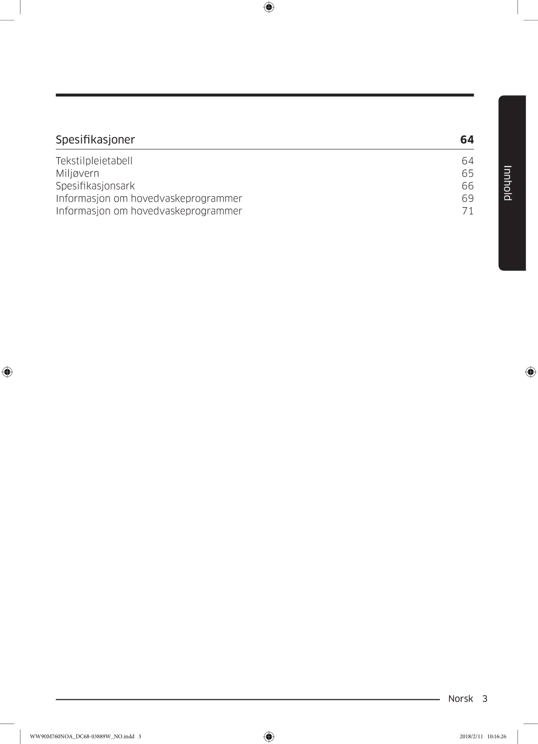 Samsung WW90M760NOA/EE manual Spesifikasjoner 