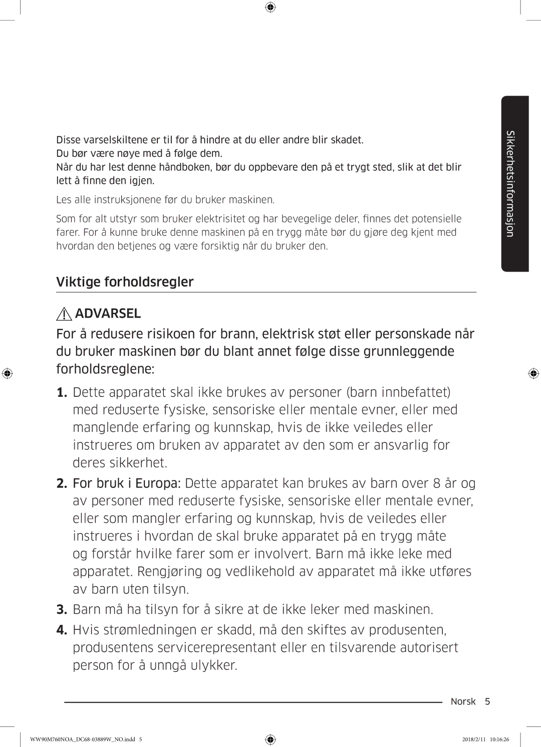 Samsung WW90M760NOA/EE manual Sikkerhetsinformasjon 