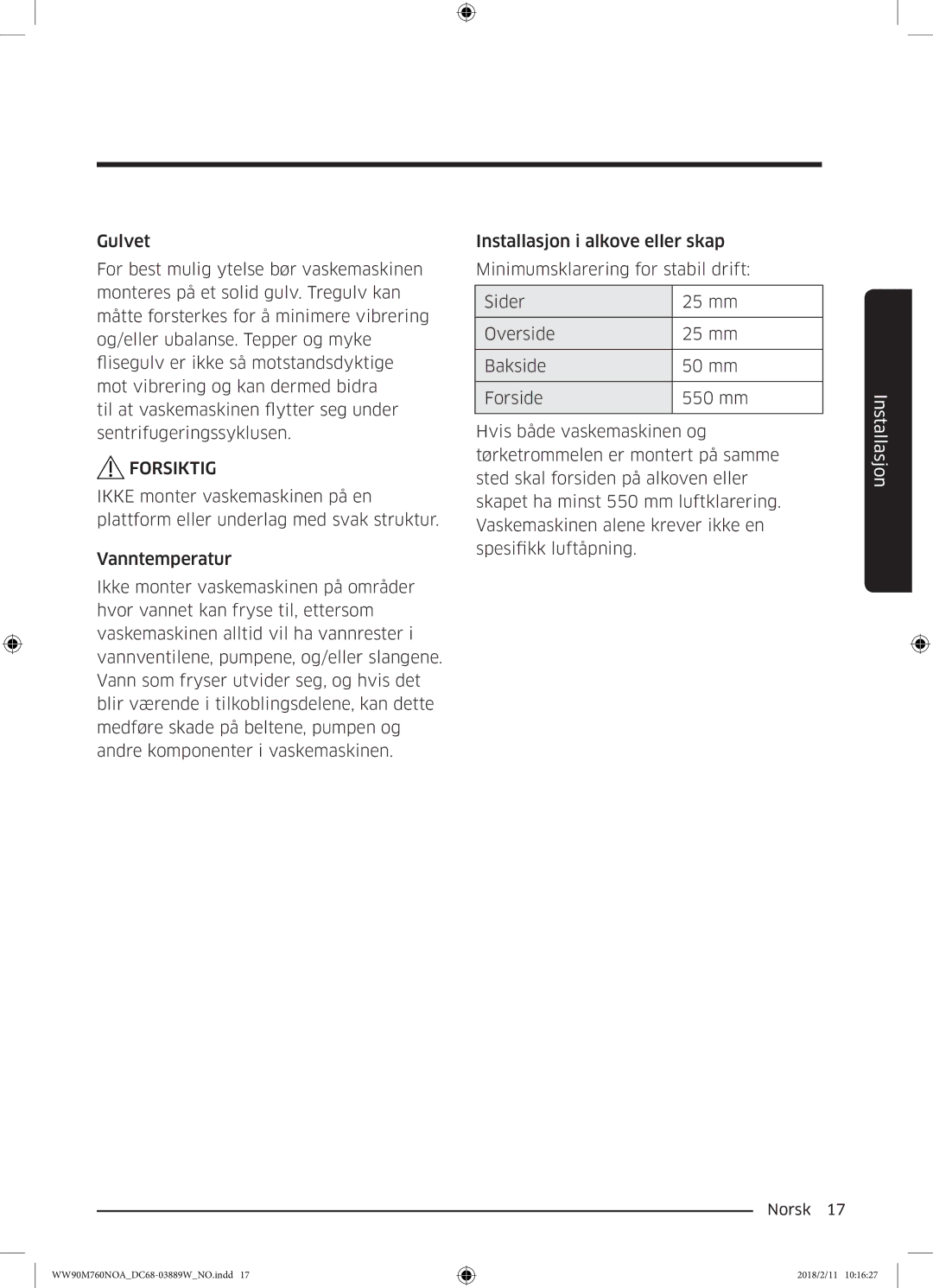 Samsung WW90M760NOA/EE manual Forsiktig 