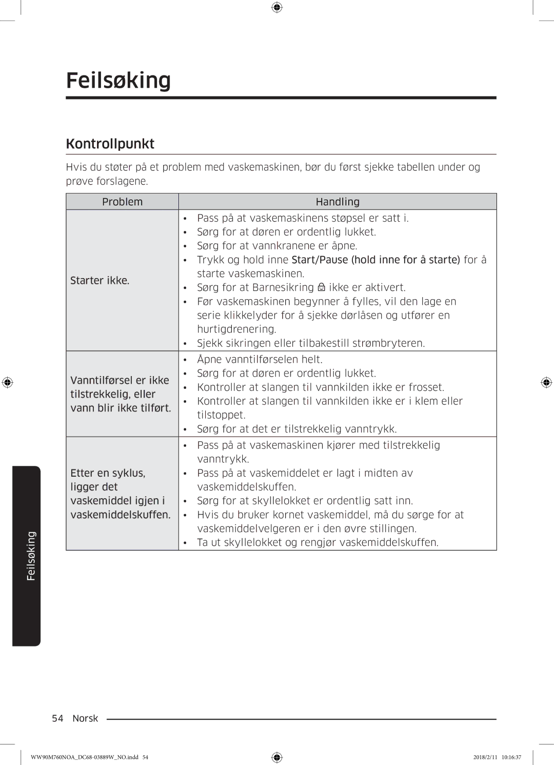 Samsung WW90M760NOA/EE manual Feilsøking, Kontrollpunkt 