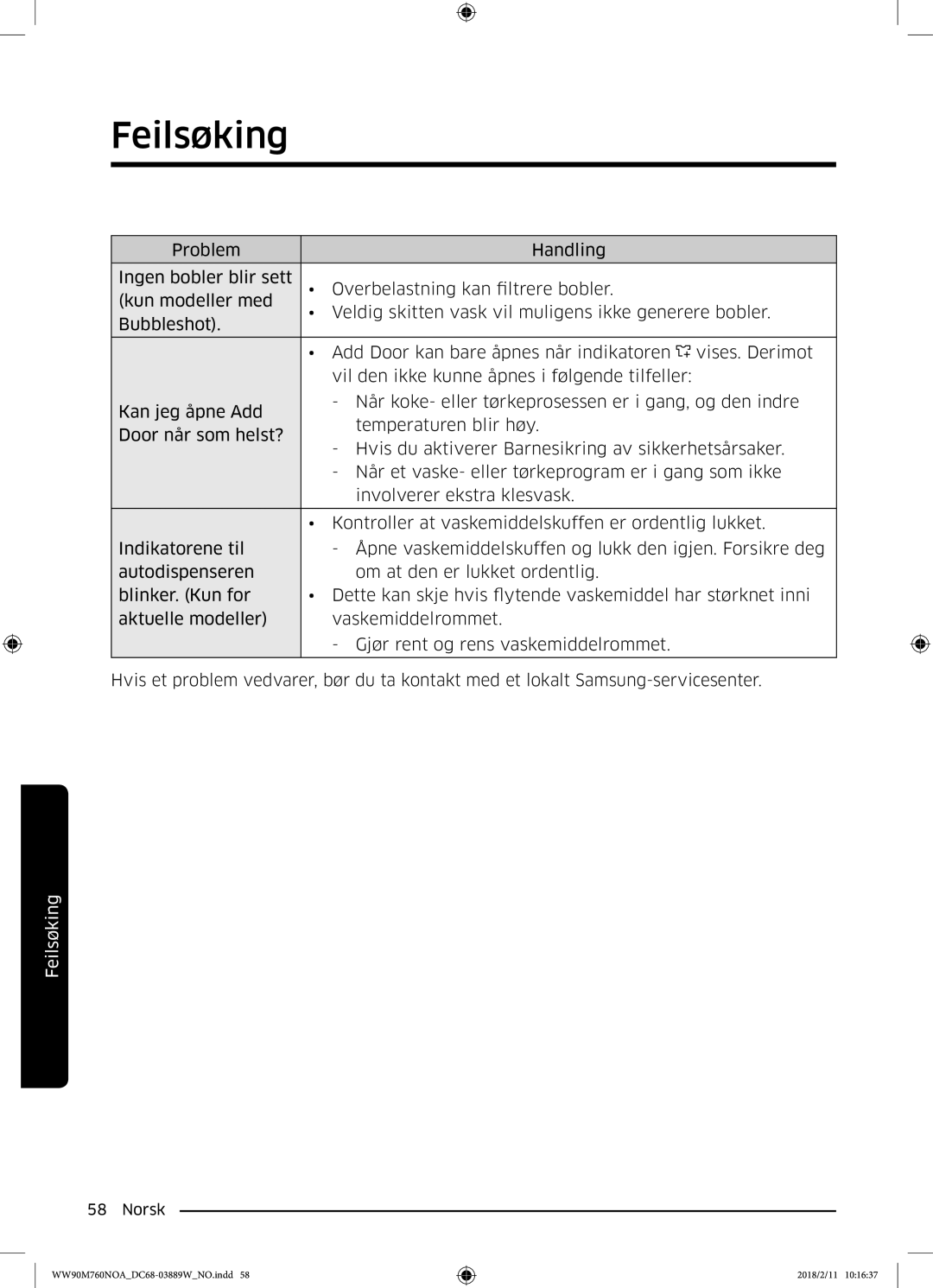 Samsung WW90M760NOA/EE manual Feilsøking 