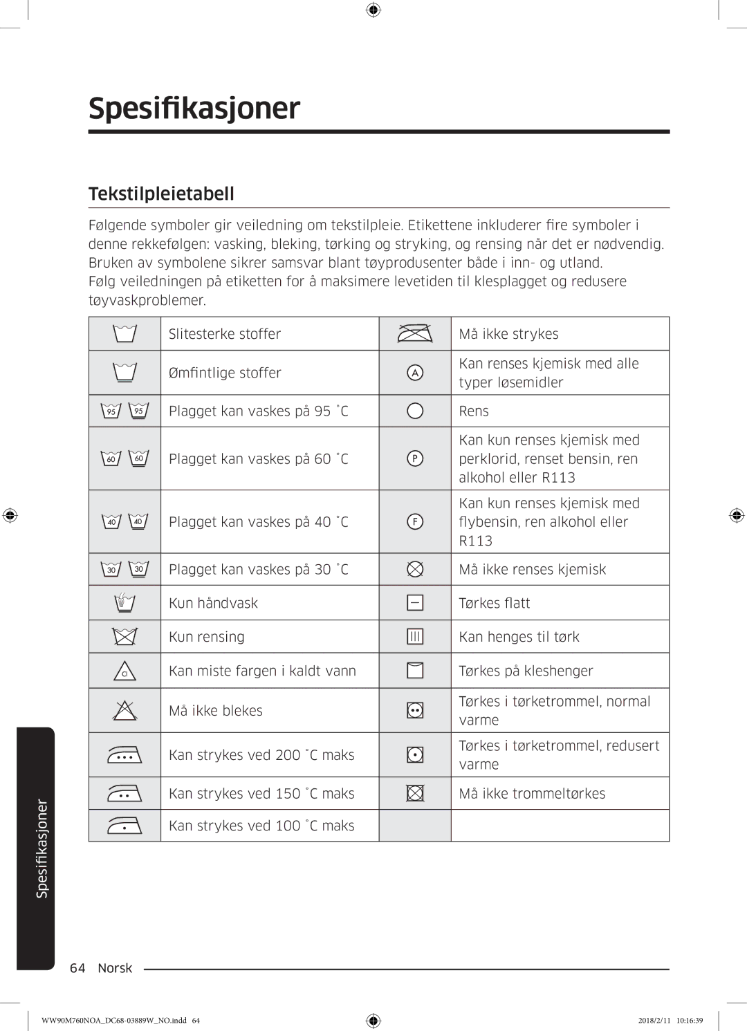 Samsung WW90M760NOA/EE manual Spesifikasjoner, Tekstilpleietabell 