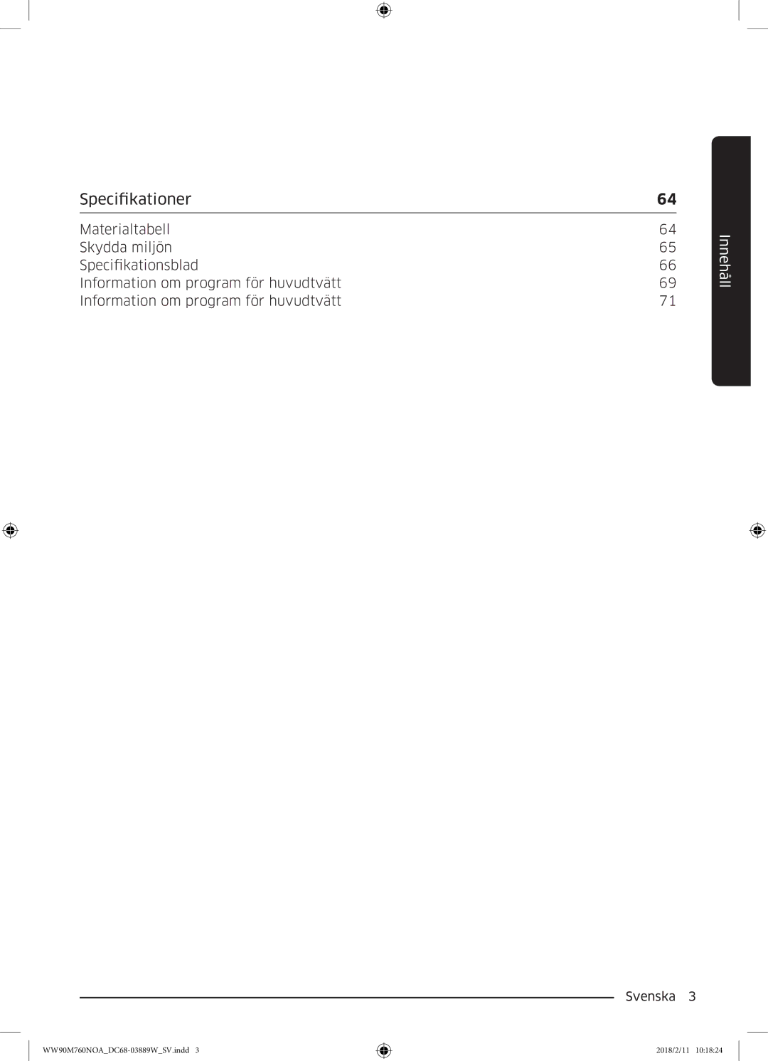 Samsung WW90M760NOA/EE manual Innehåll 