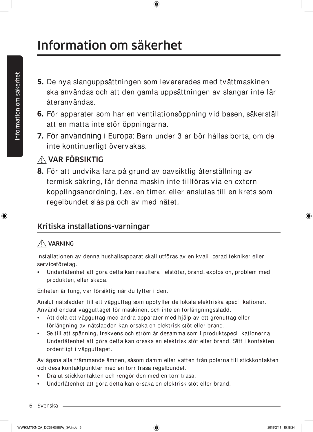 Samsung WW90M760NOA/EE manual VAR Försiktig 