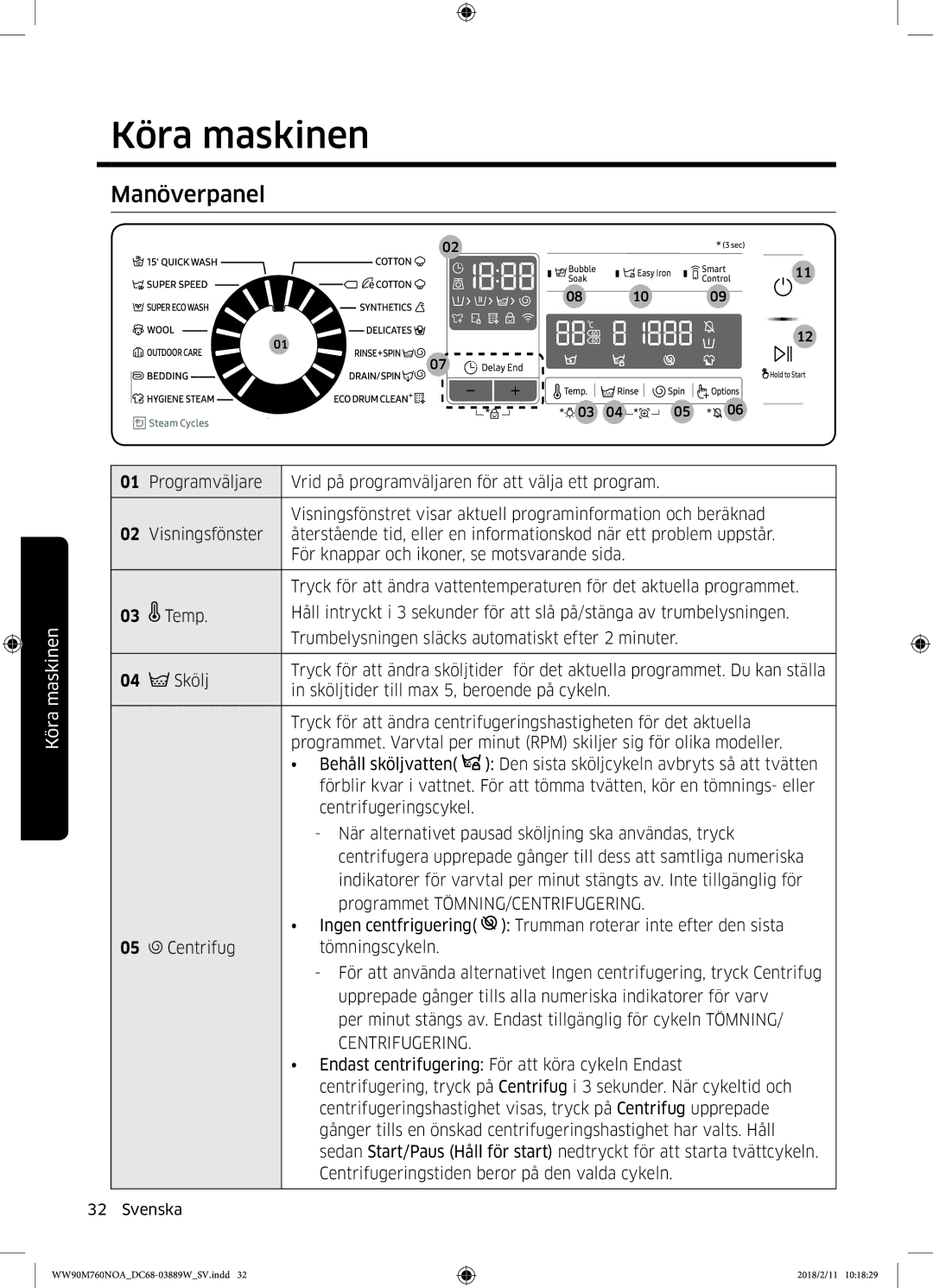 Samsung WW90M760NOA/EE manual Köra maskinen, Manöverpanel 