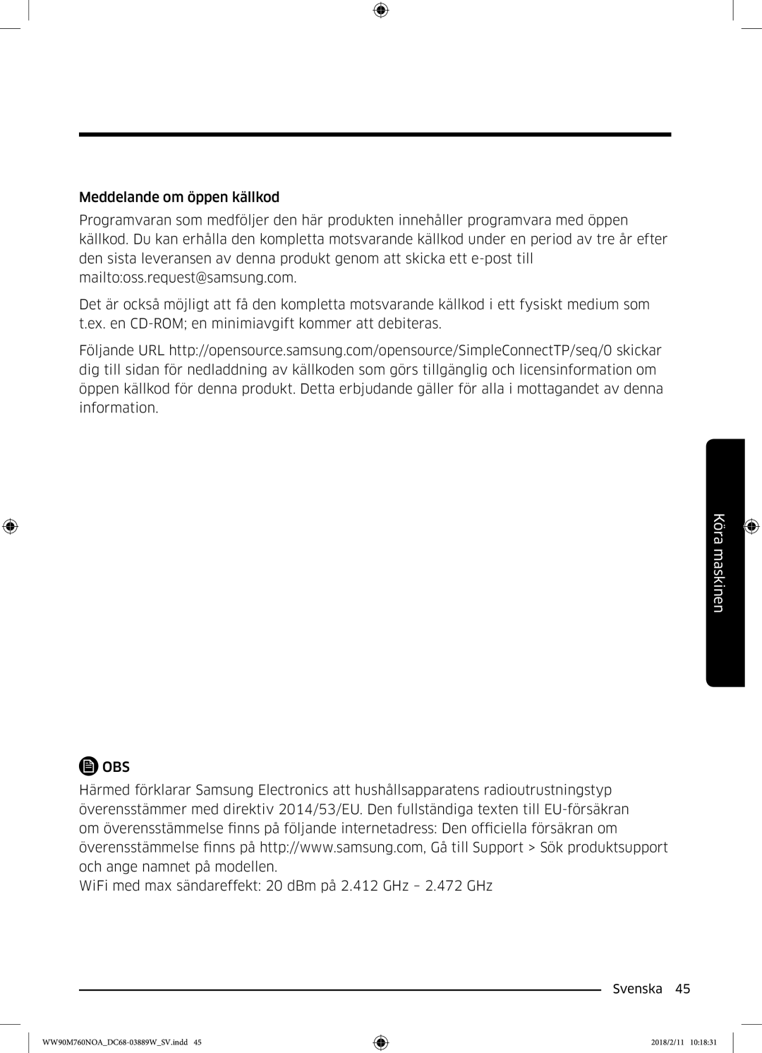 Samsung WW90M760NOA/EE manual WiFi med max sändareffekt 20 dBm på 2.412 GHz 2.472 GHz 