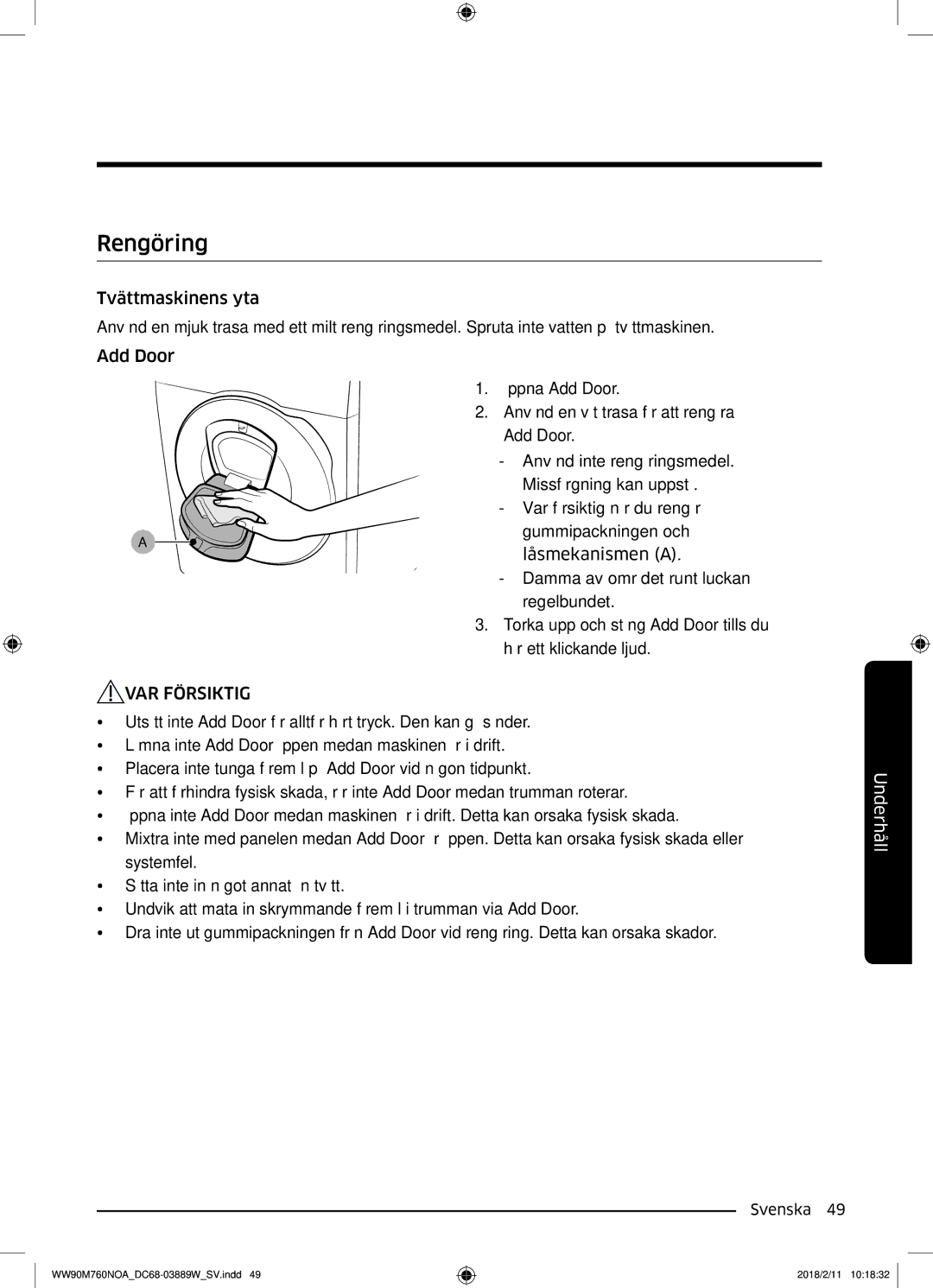 Samsung WW90M760NOA/EE manual Rengöring, VAR Försiktig 