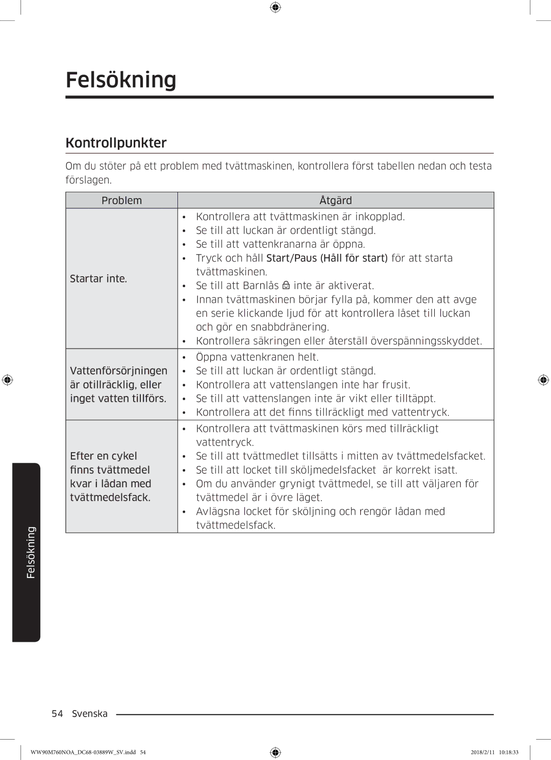 Samsung WW90M760NOA/EE manual Felsökning, Kontrollpunkter 