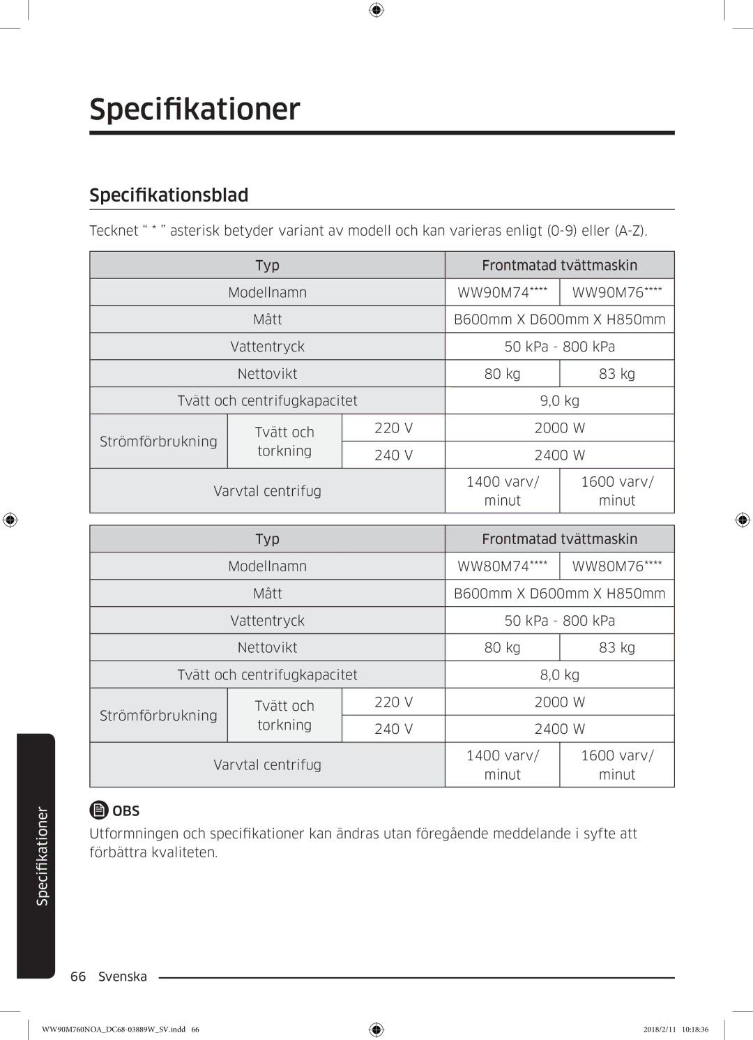 Samsung WW90M760NOA/EE manual Specifikationer, Specifikationsblad 