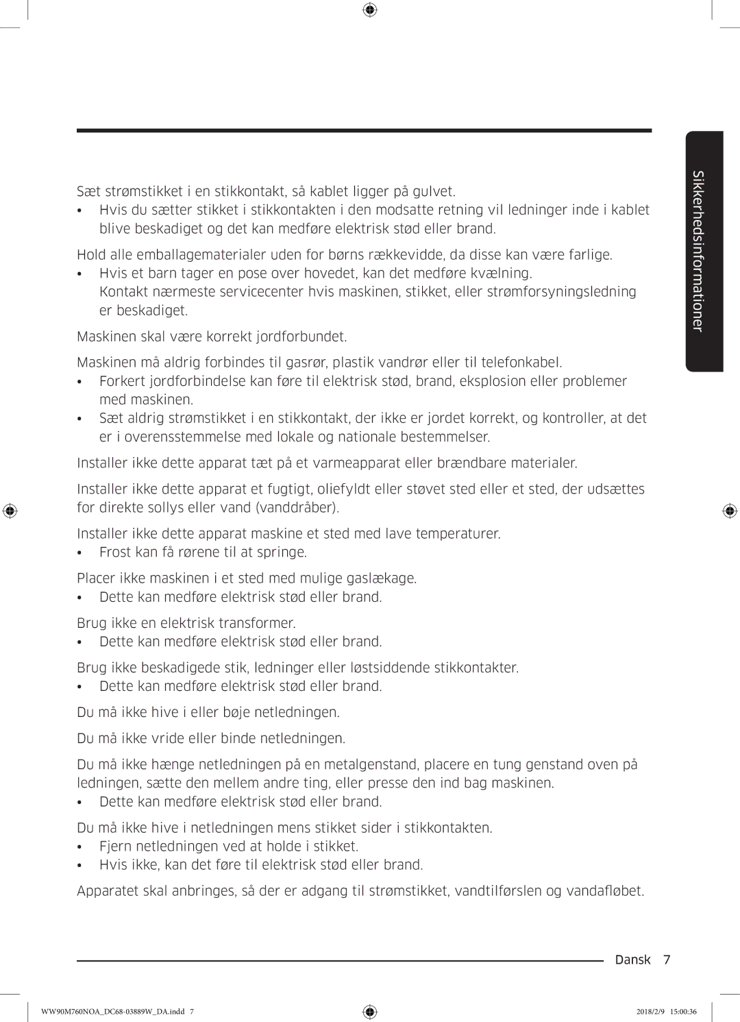 Samsung WW90M760NOA/EE manual Sikkerhedsinformationer 