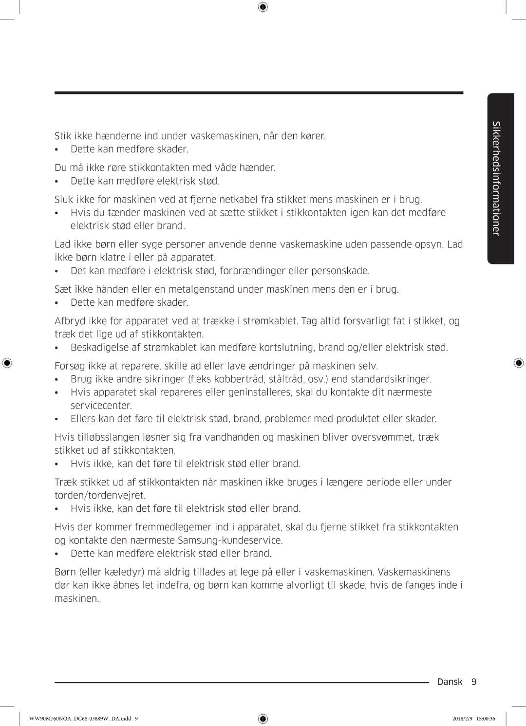 Samsung WW90M760NOA/EE manual Sikkerhedsinformationer 