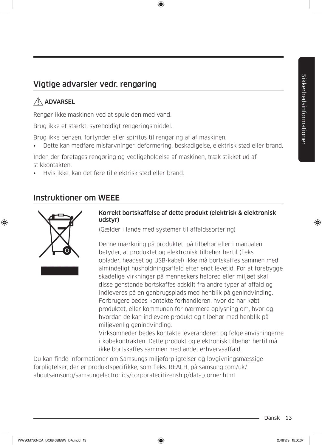 Samsung WW90M760NOA/EE manual Vigtige advarsler vedr. rengøring, Instruktioner om Weee 