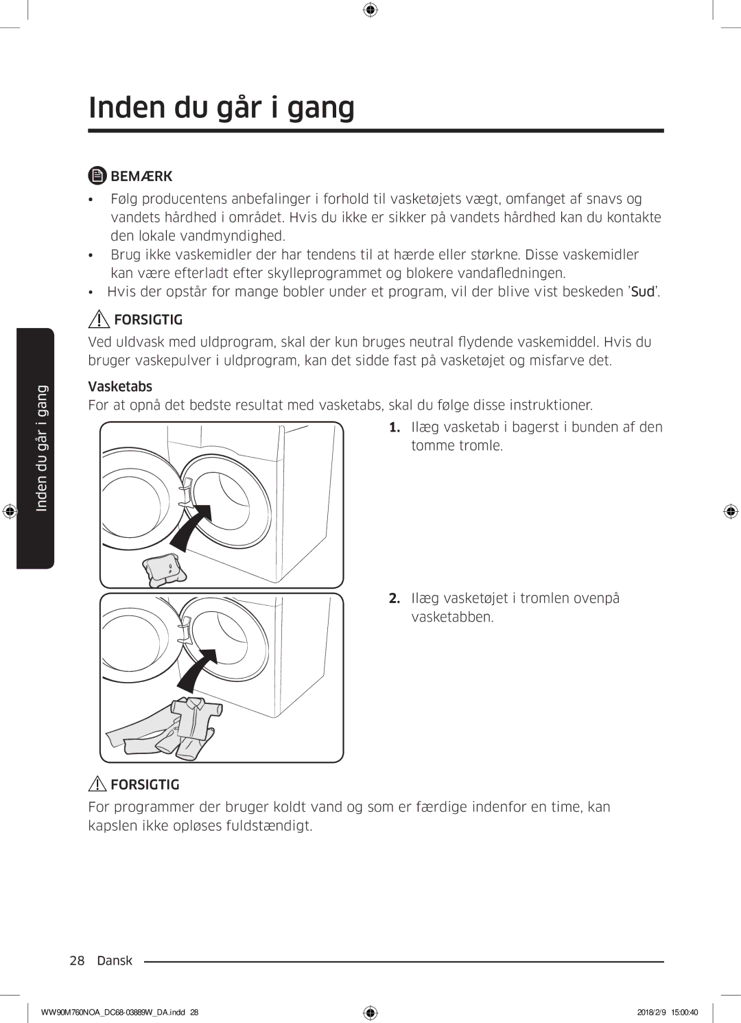 Samsung WW90M760NOA/EE manual Inden du går i gang 