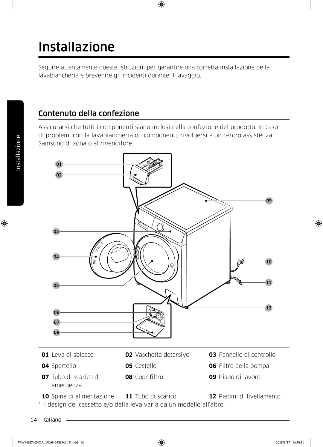 Samsung WW80M740NOA/ET, WW90M760NOA/ET, WW90M740NOA/ET manual Installazione, Contenuto della confezione 