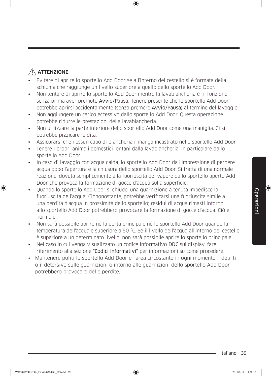 Samsung WW90M760NOA/ET, WW90M740NOA/ET, WW80M740NOA/ET manual Attenzione 