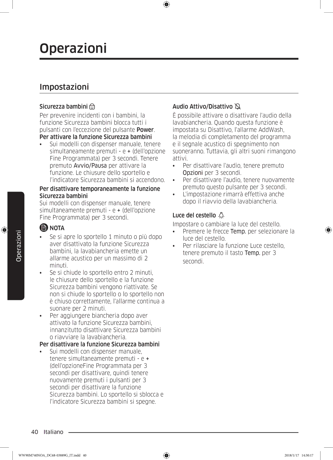 Samsung WW90M740NOA/ET, WW90M760NOA/ET, WW80M740NOA/ET manual Impostazioni 