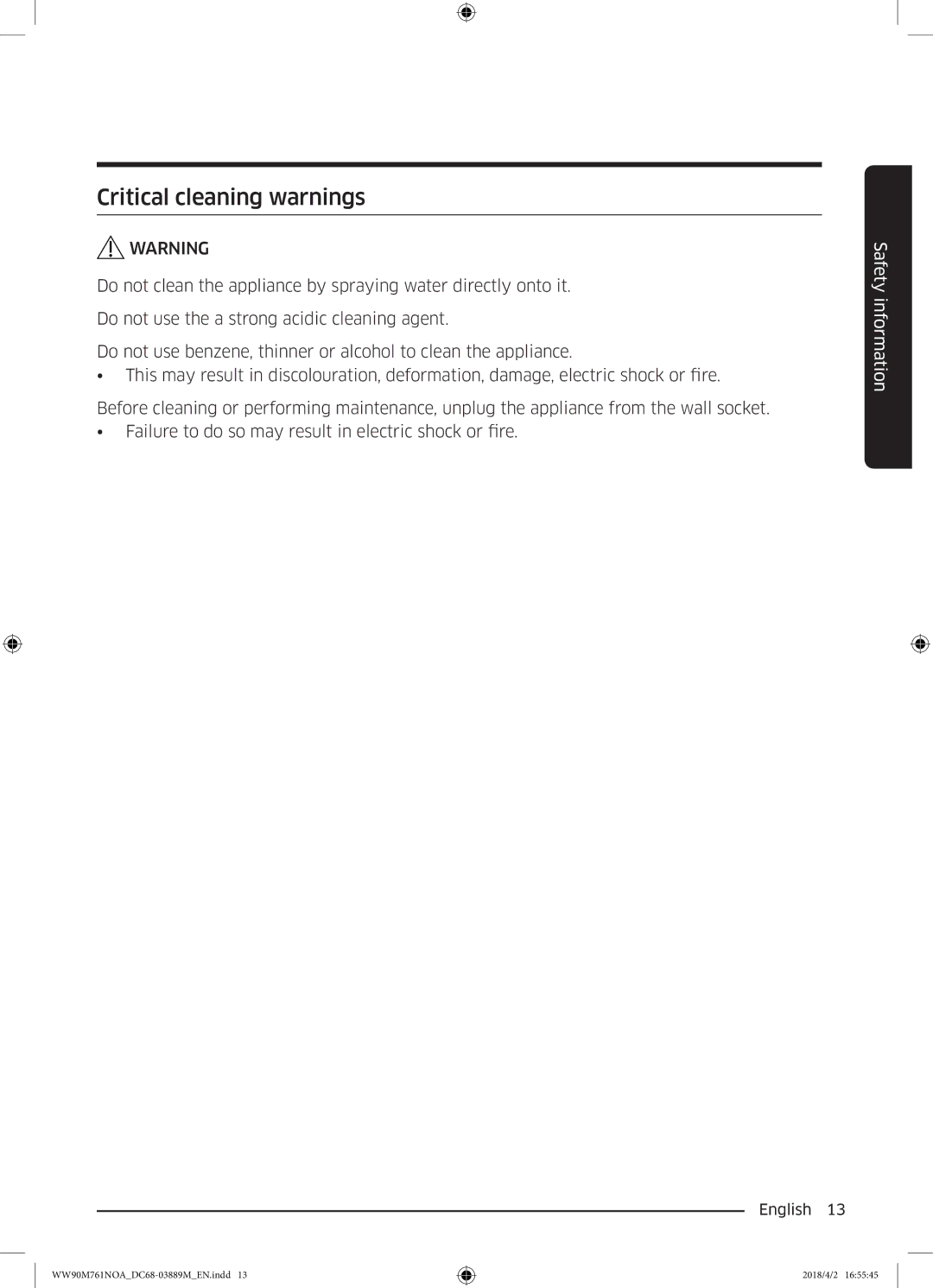 Samsung WW90M761NOA/KJ manual Critical cleaning warnings 