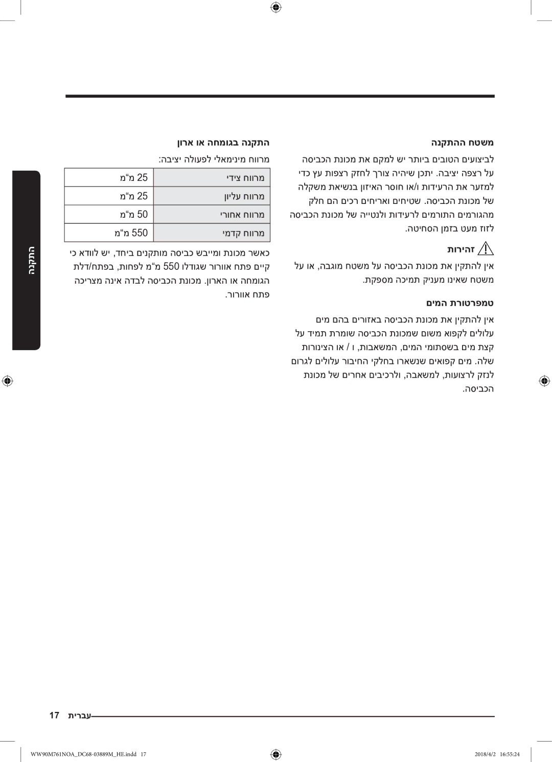 Samsung WW90M761NOA/KJ manual ןורא וא החמוגב הנקתה, הנקתהה חטשמ, םימה תרוטרפמט 