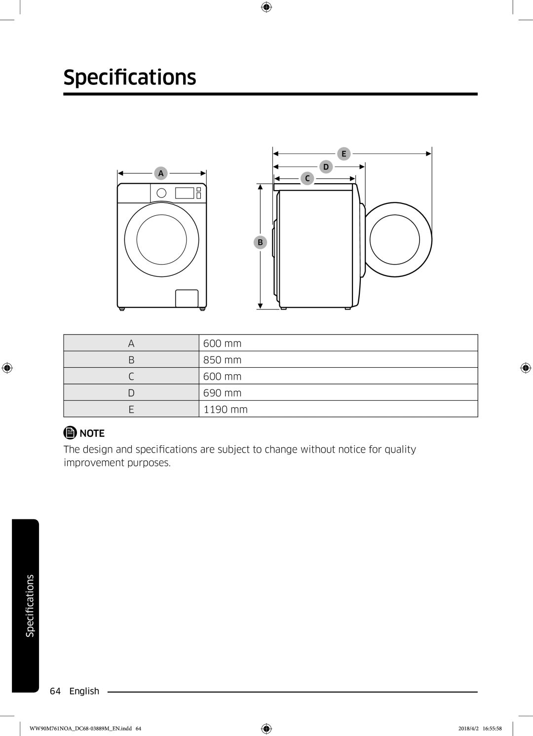 Samsung WW90M761NOA/KJ manual 600 mm, 850 mm, 690 mm, 1190 mm 