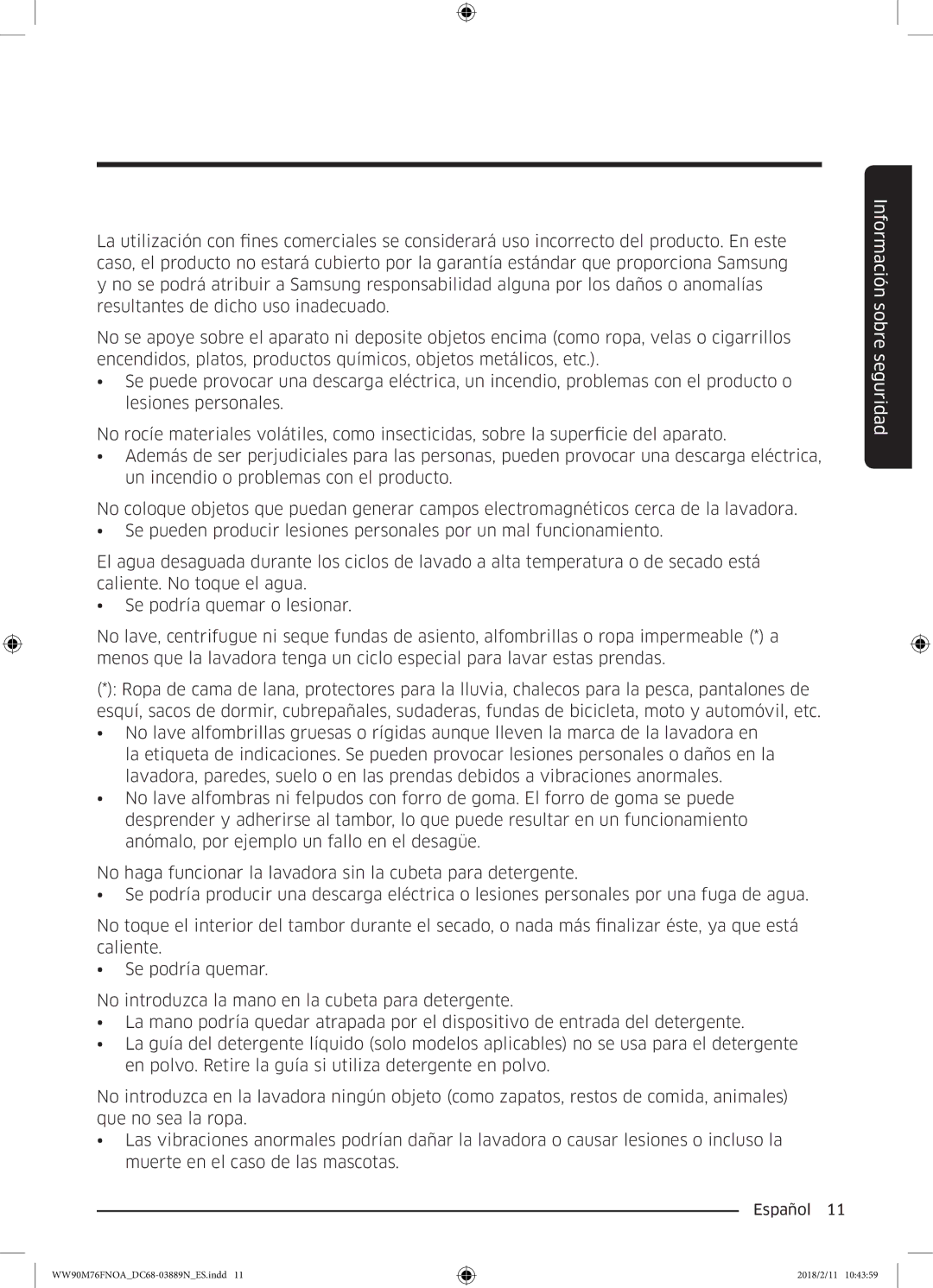 Samsung WW90M76FNOO/EC, WW90M76FNOA/EC manual Información sobre seguridad 