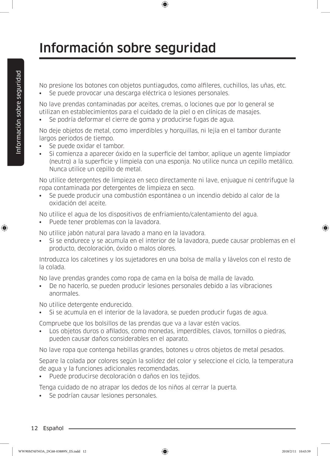 Samsung WW90M76FNOA/EC, WW90M76FNOO/EC manual Información sobre seguridad 