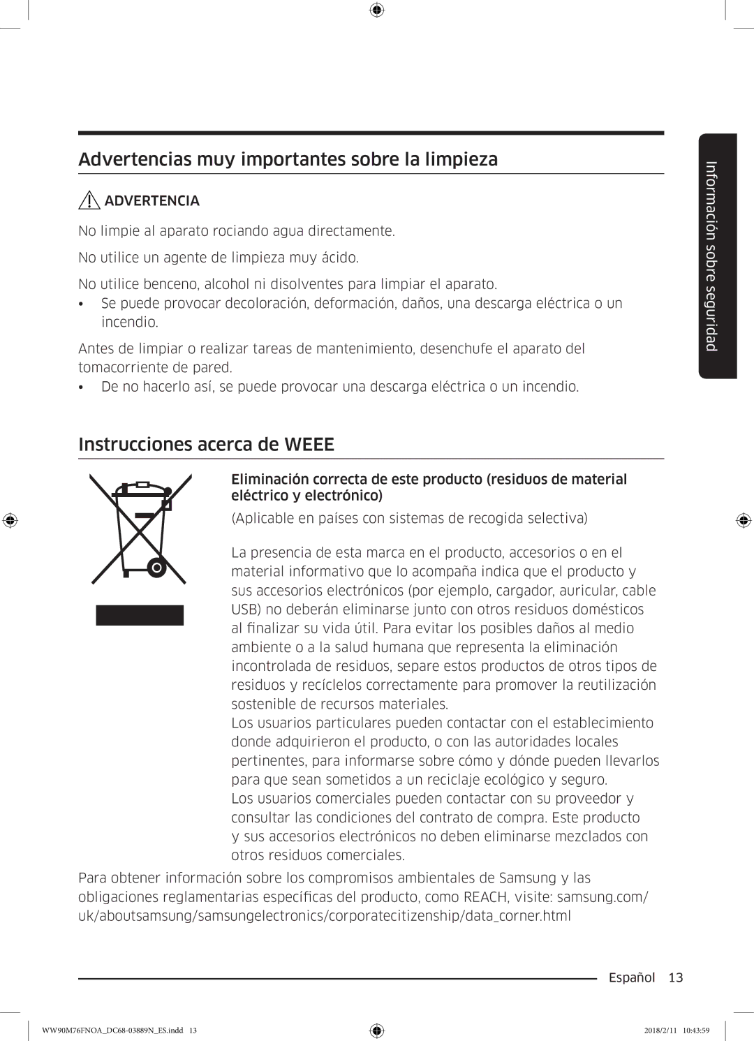 Samsung WW90M76FNOO/EC, WW90M76FNOA/EC manual Advertencias muy importantes sobre la limpieza, Instrucciones acerca de Weee 