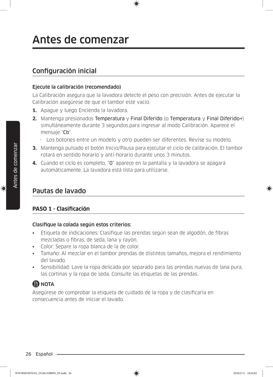 Samsung WW90M76FNOA/EC, WW90M76FNOO/EC manual Antes de comenzar, Configuración inicial, Pautas de lavado 