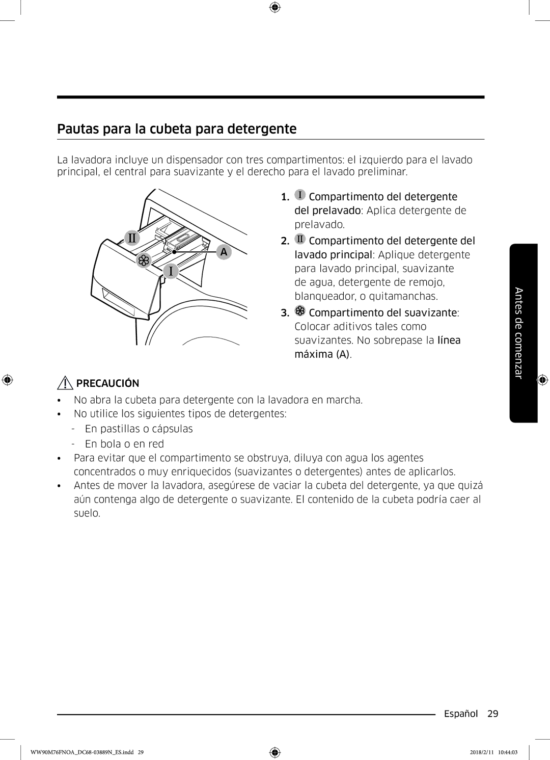 Samsung WW90M76FNOO/EC, WW90M76FNOA/EC manual Pautas para la cubeta para detergente 