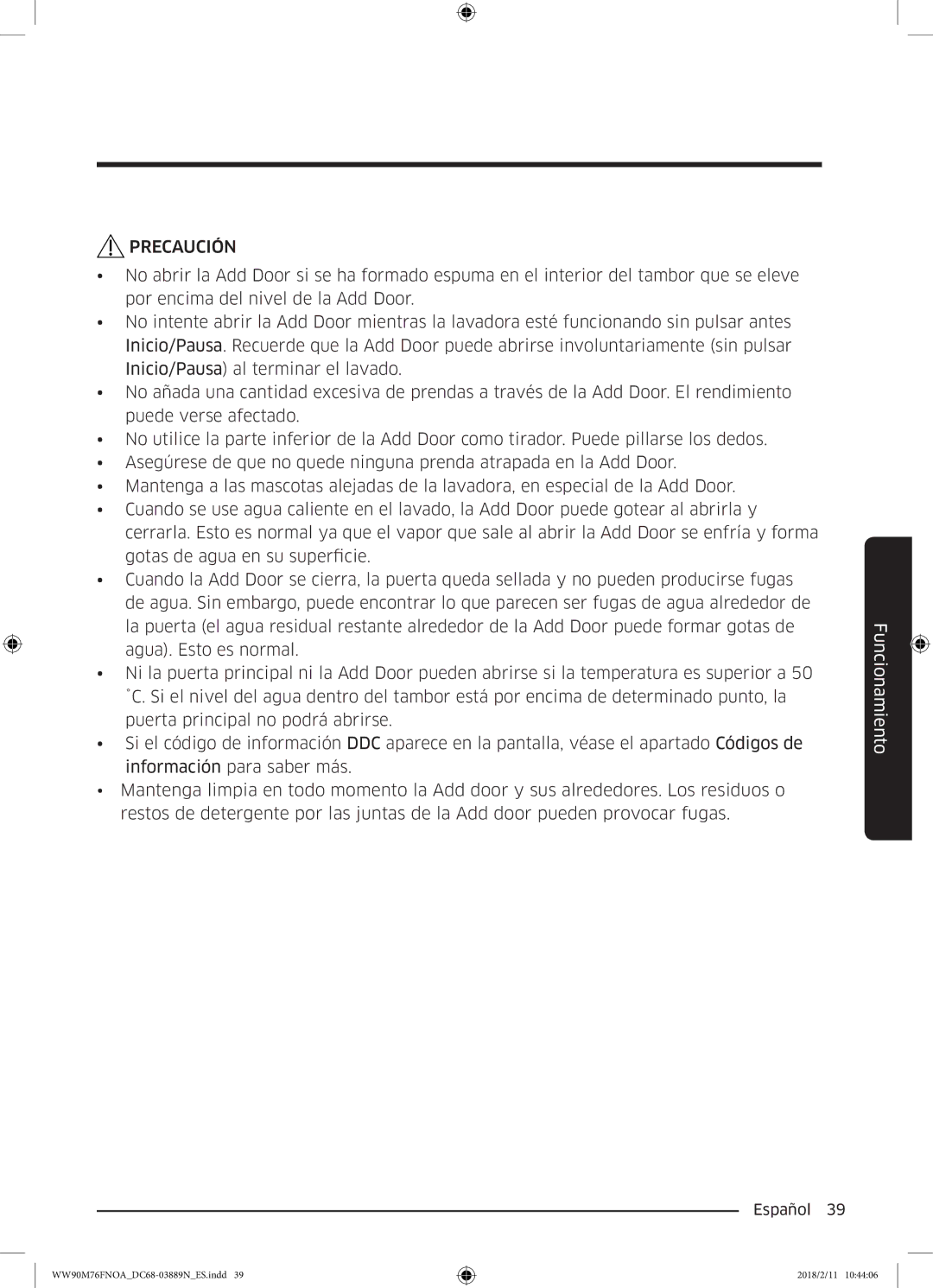 Samsung WW90M76FNOO/EC, WW90M76FNOA/EC manual Precaución 