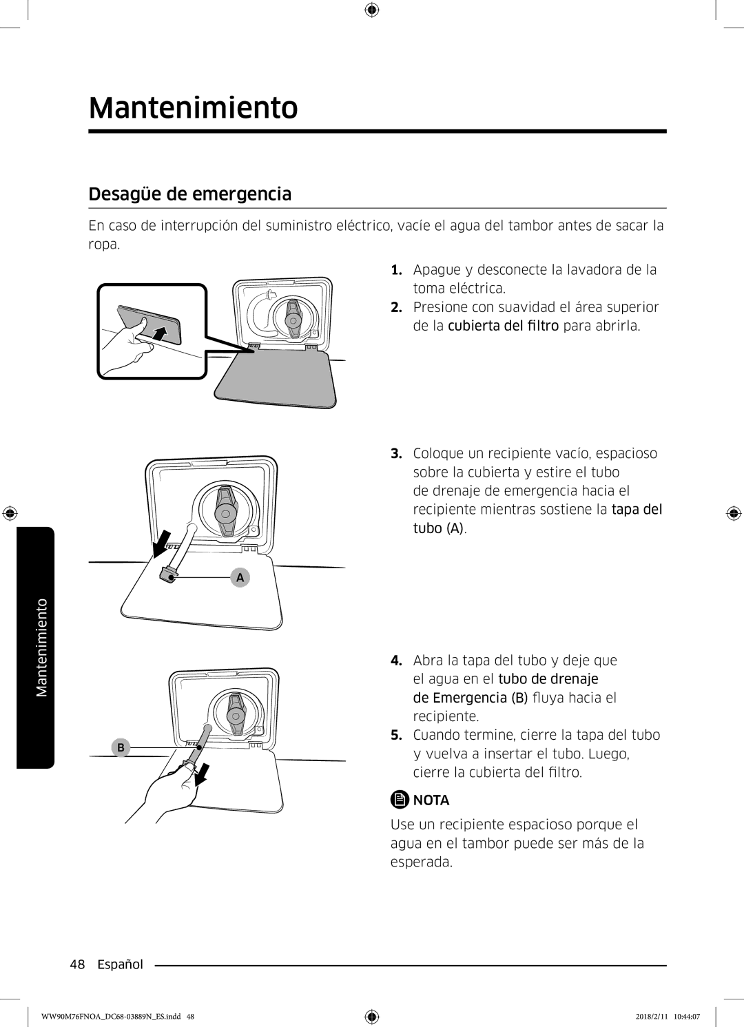 Samsung WW90M76FNOA/EC, WW90M76FNOO/EC manual Desagüe de emergencia 