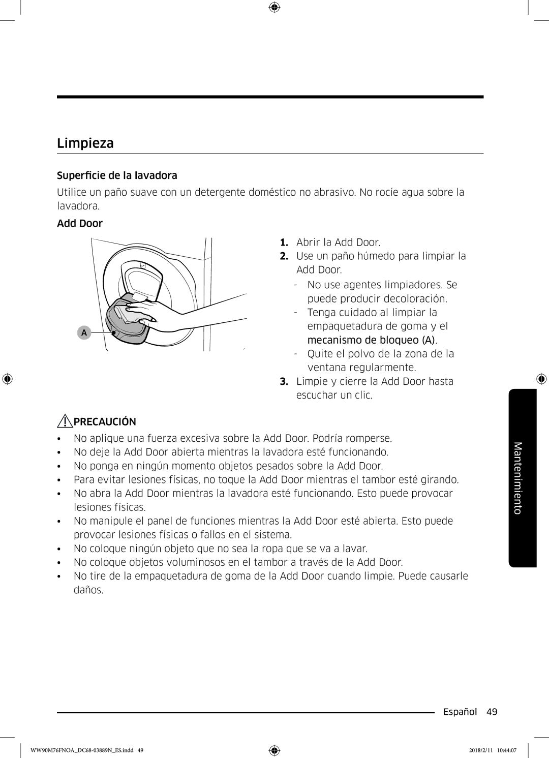 Samsung WW90M76FNOO/EC, WW90M76FNOA/EC manual Limpieza 