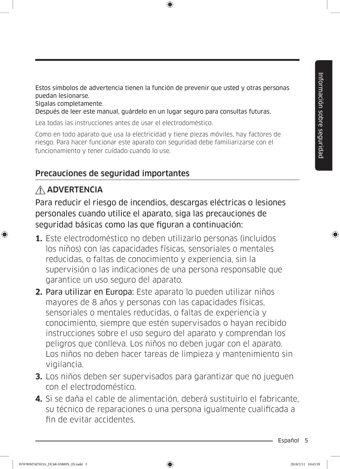 Samsung WW90M76FNOO/EC, WW90M76FNOA/EC manual Precauciones de seguridad importantes, Advertencia 