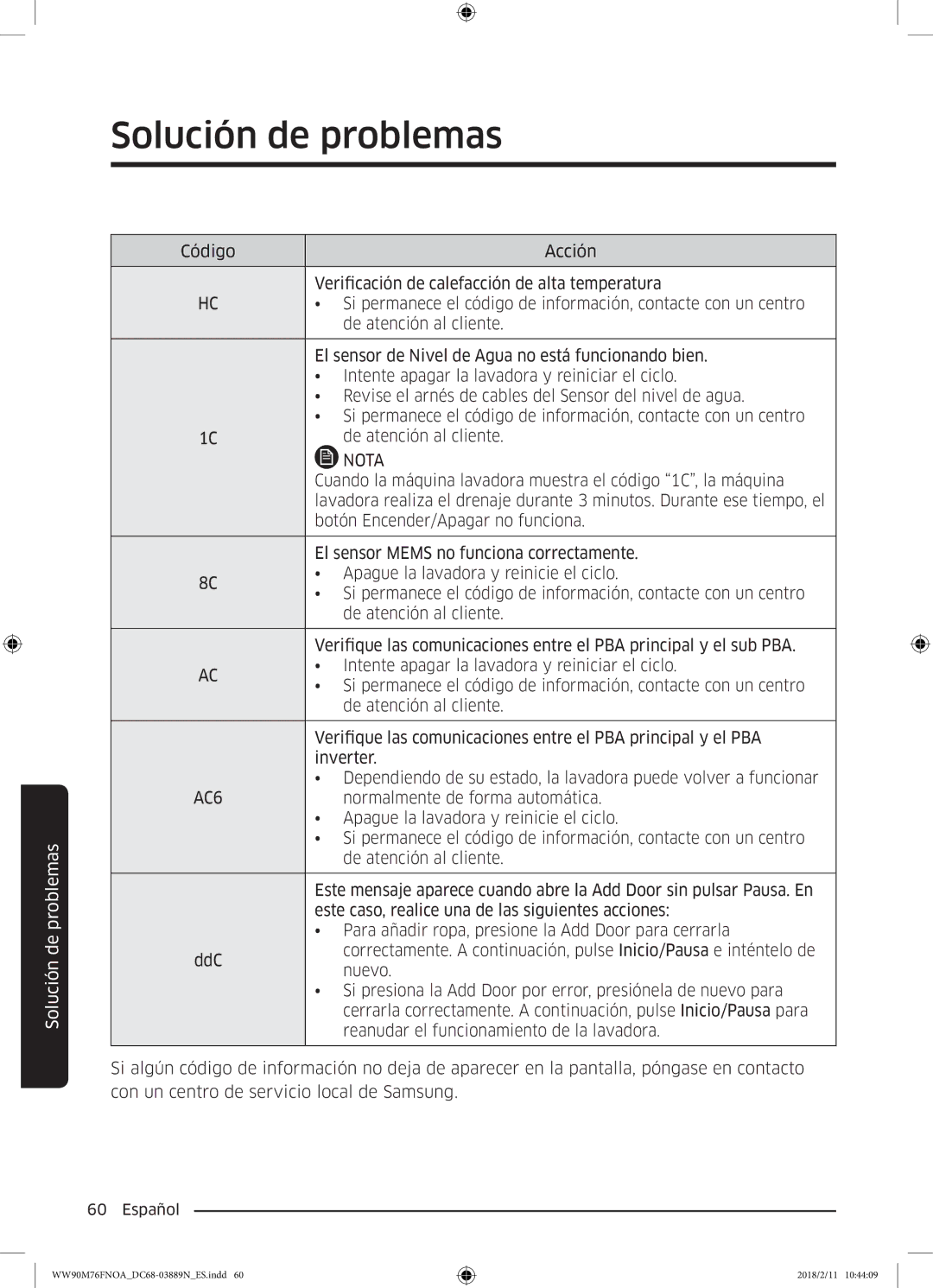 Samsung WW90M76FNOA/EC, WW90M76FNOO/EC manual Cuando la máquina lavadora muestra el código 1C, la máquina 