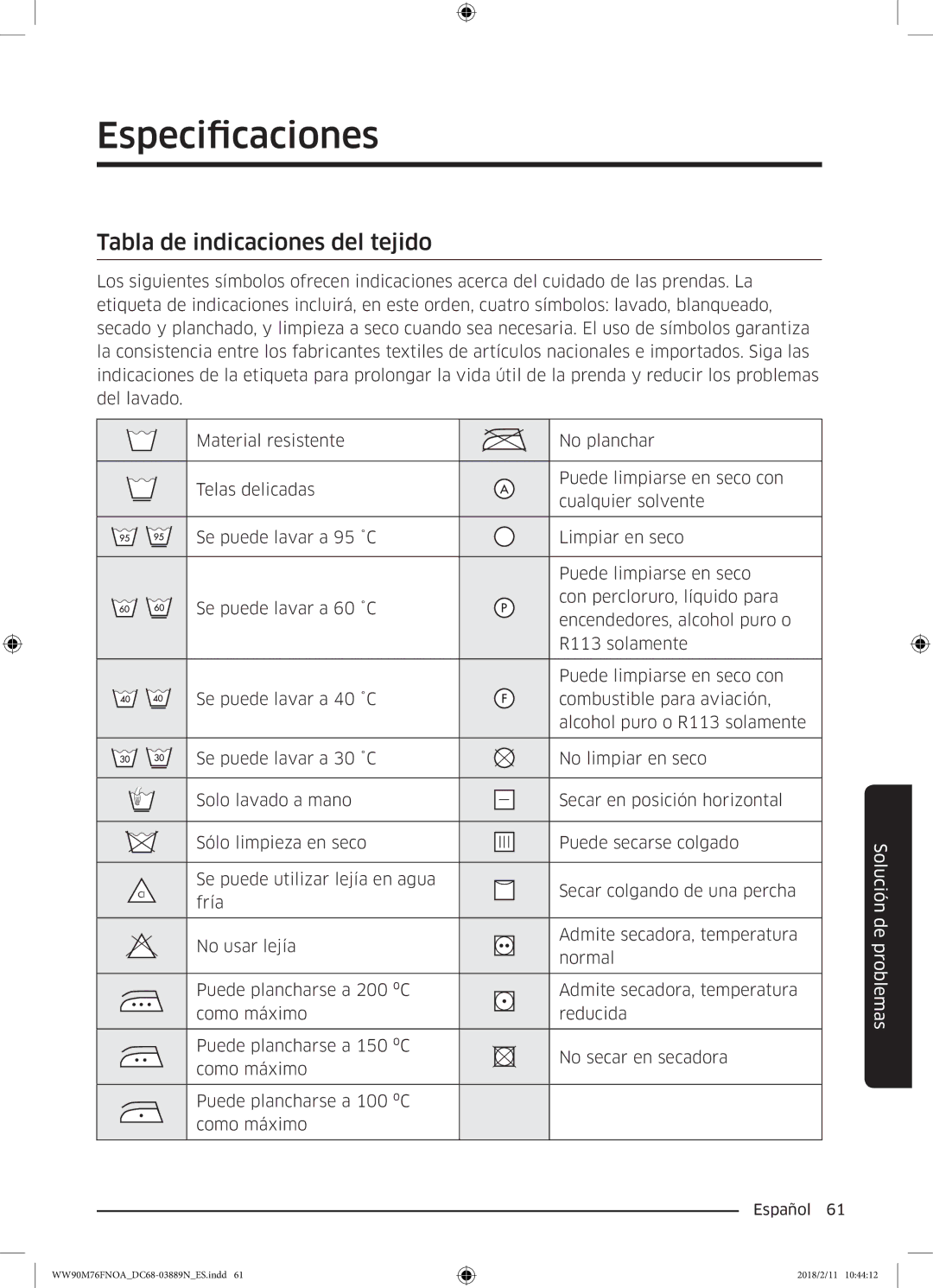 Samsung WW90M76FNOO/EC, WW90M76FNOA/EC manual Especificaciones, Tabla de indicaciones del tejido 