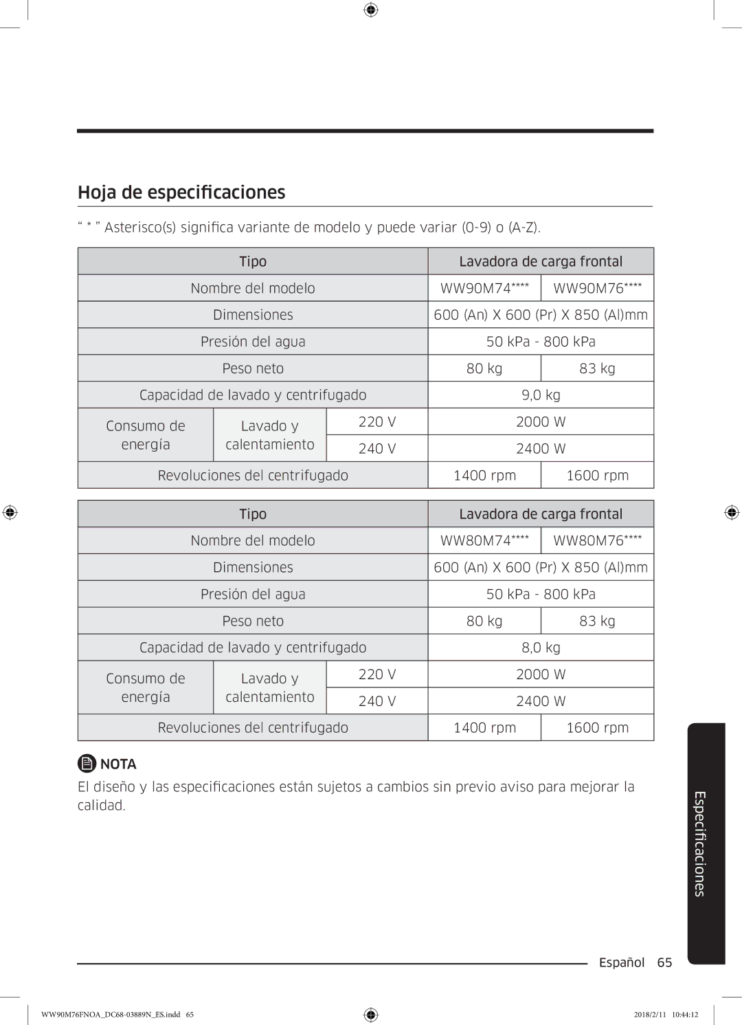 Samsung WW90M76FNOO/EC, WW90M76FNOA/EC manual Hoja de especificaciones 