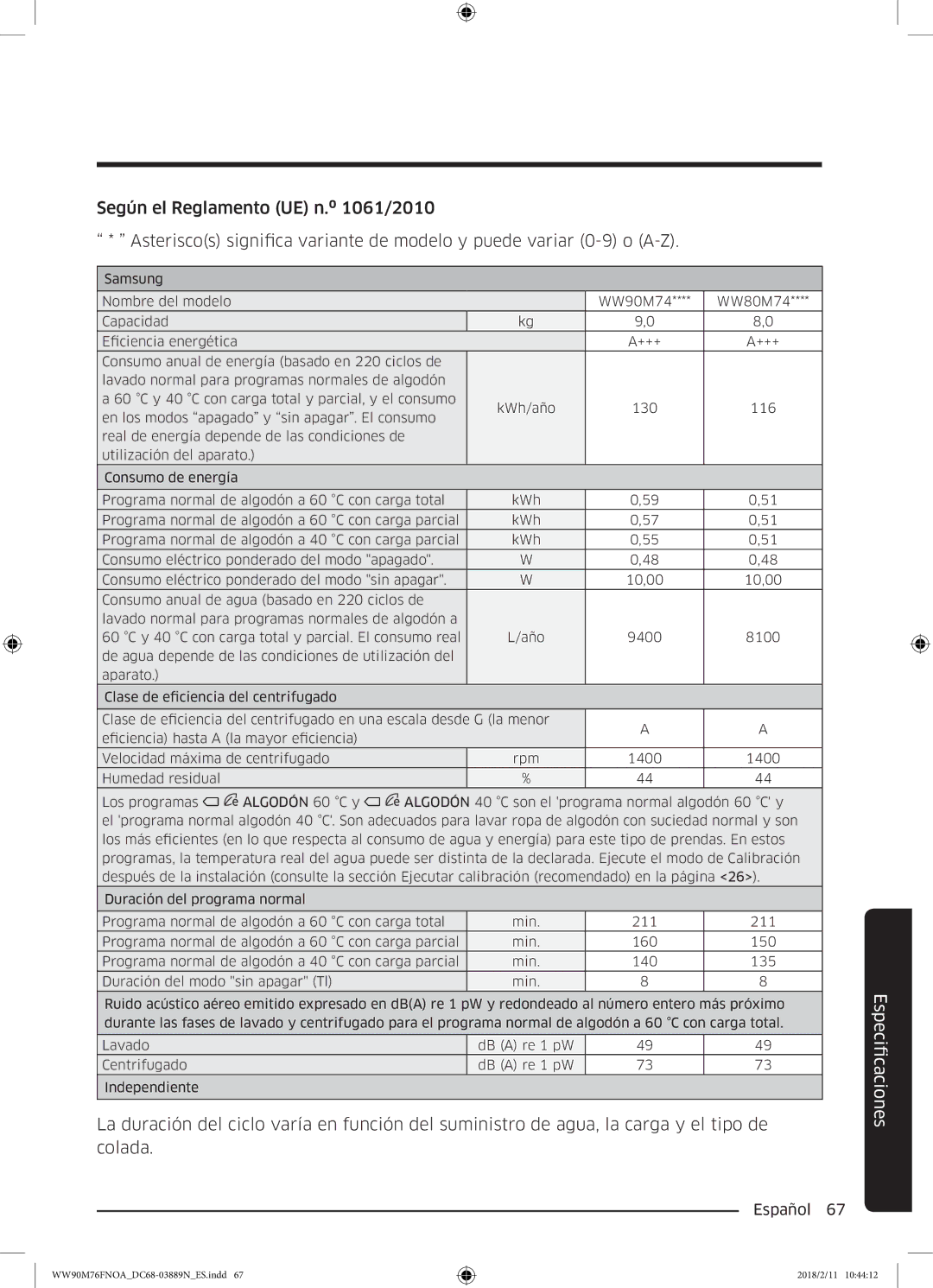 Samsung WW90M76FNOO/EC, WW90M76FNOA/EC manual FicacionesEspeci 