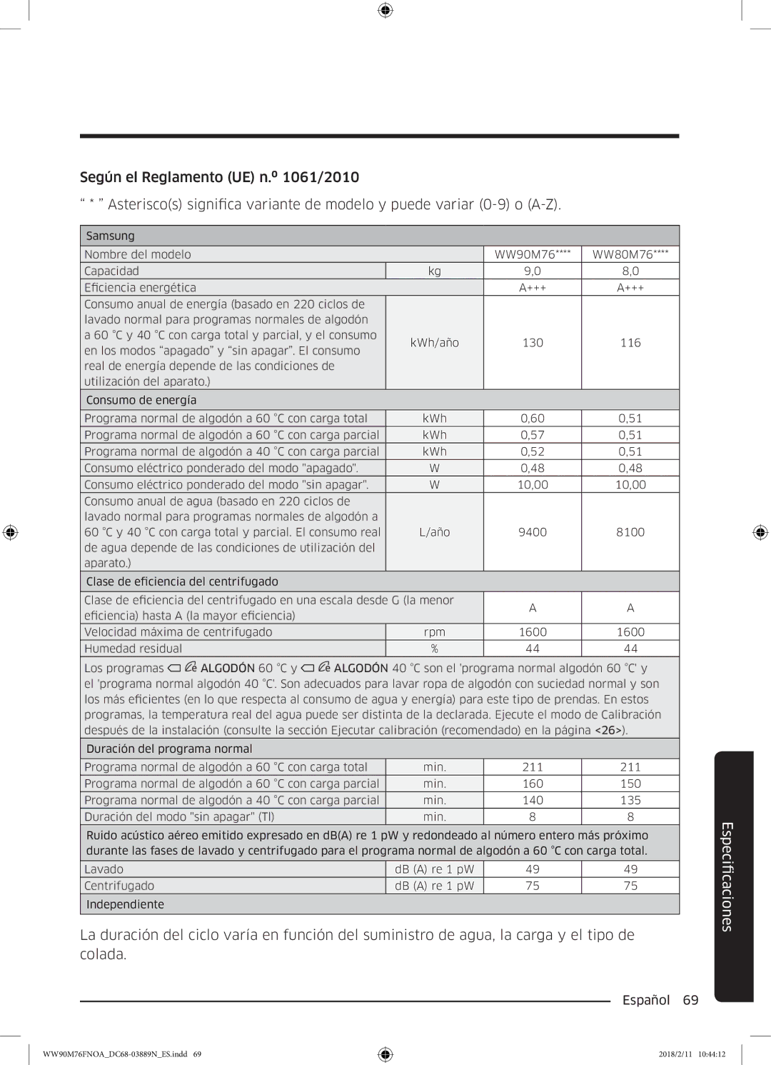 Samsung WW90M76FNOO/EC, WW90M76FNOA/EC manual FicacionesEspeci 