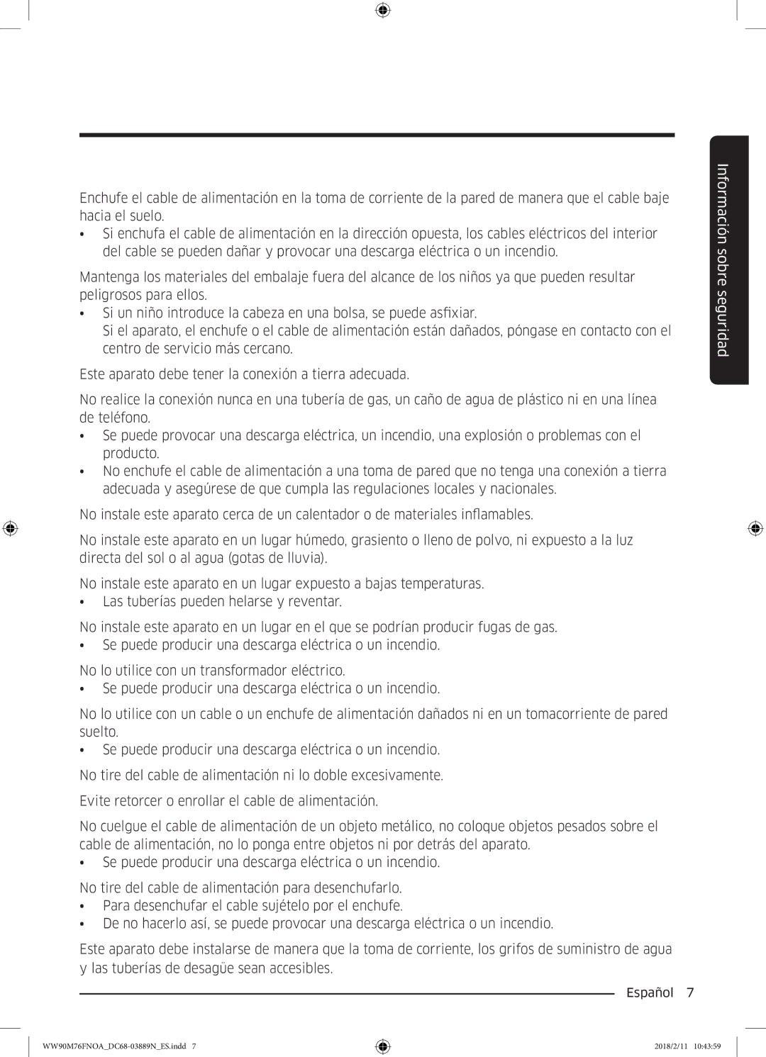 Samsung WW90M76FNOO/EC, WW90M76FNOA/EC manual Información sobre seguridad 