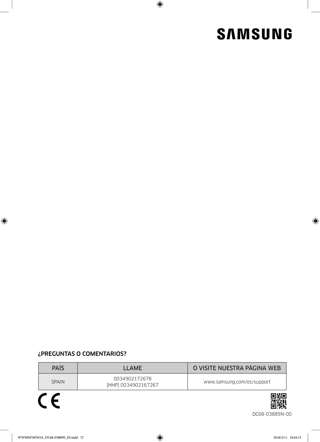 Samsung WW90M76FNOA/EC, WW90M76FNOO/EC manual Spain 