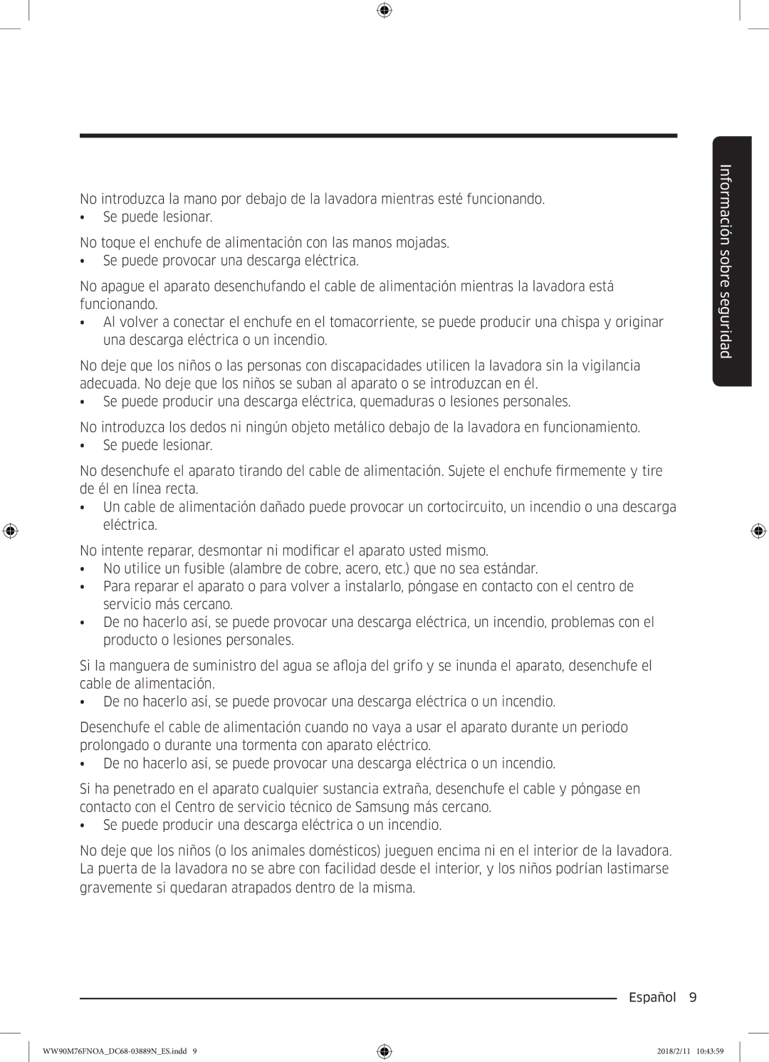 Samsung WW90M76FNOO/EC, WW90M76FNOA/EC manual Información sobre seguridad 