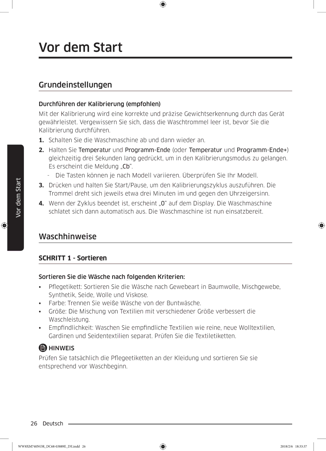 Samsung WW91M760NOA/EG, WW8XM740NOR/EG manual Vor dem Start, Grundeinstellungen, Waschhinweise 