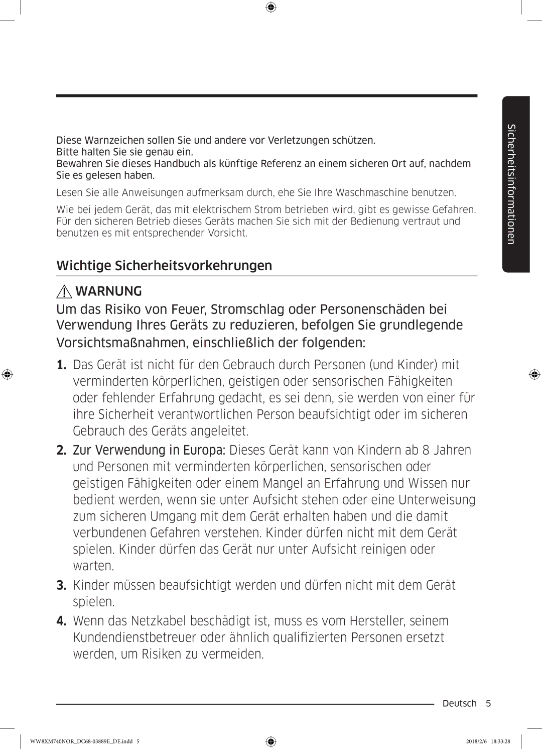 Samsung WW8XM740NOR/EG, WW91M760NOA/EG manual Wichtige Sicherheitsvorkehrungen, Warnung 