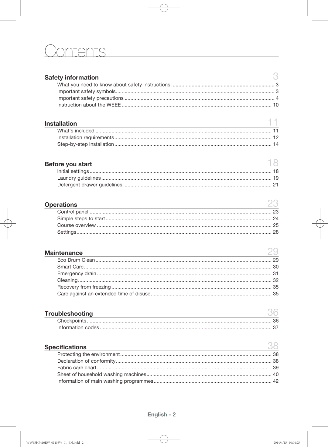 Samsung WW95H7410EW/SV manual Contents 